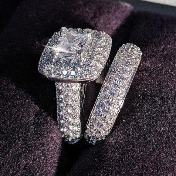 2PC/Set Cushion Double Row Halo Round Pave Engagement Ring - Picture 6 of 6